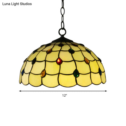 Tiffany Beige Stained Glass Stair Pendant Light with Beaded Shade