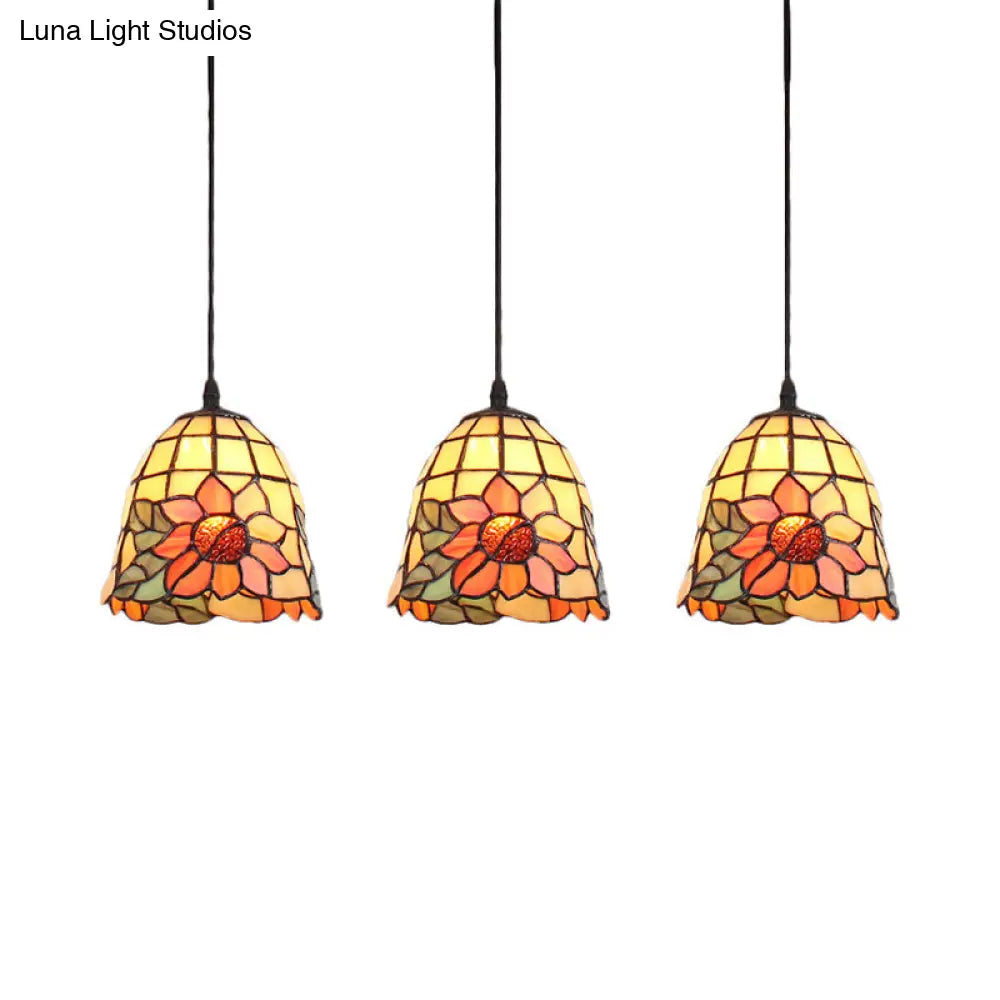 Tiffany Bell Orange Handcrafted Art Glass Pendant Light with 3 Clustered Heads - Unique Suspension Lighting