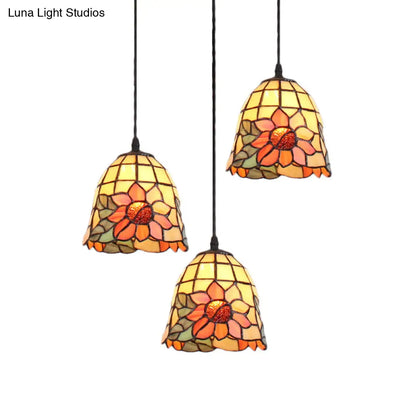 Tiffany Bell Orange Handcrafted Art Glass Pendant Light with 3 Clustered Heads - Unique Suspension Lighting