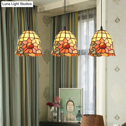 Tiffany Bell Orange Handcrafted Art Glass Pendant Light with 3 Clustered Heads - Unique Suspension Lighting