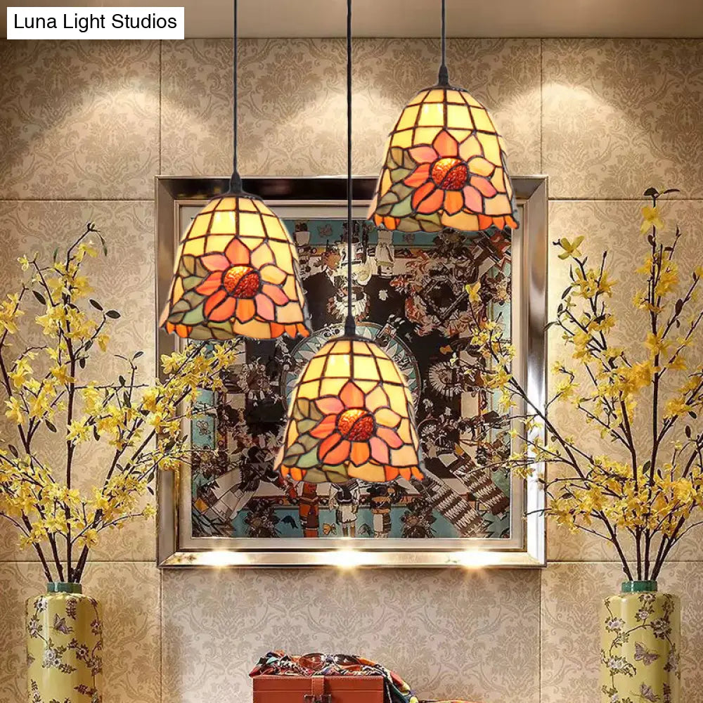 Tiffany Bell Orange Handcrafted Art Glass Pendant Light with 3 Clustered Heads - Unique Suspension Lighting