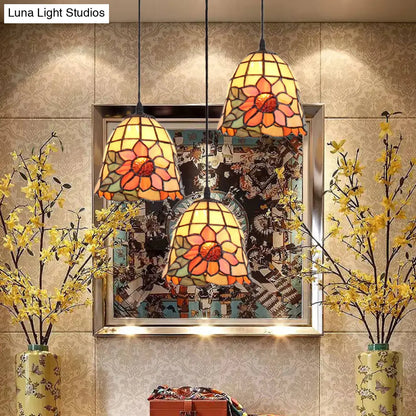 Tiffany Bell Orange Handcrafted Art Glass Pendant Light with 3 Clustered Heads - Unique Suspension Lighting