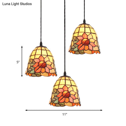 Tiffany Bell Orange Handcrafted Art Glass Pendant Light with 3 Clustered Heads - Unique Suspension Lighting