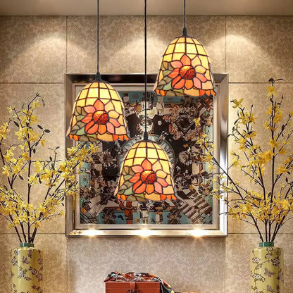 Tiffany Bell Orange Handcrafted Art Glass Pendant Light with 3 Clustered Heads - Unique Suspension Lighting