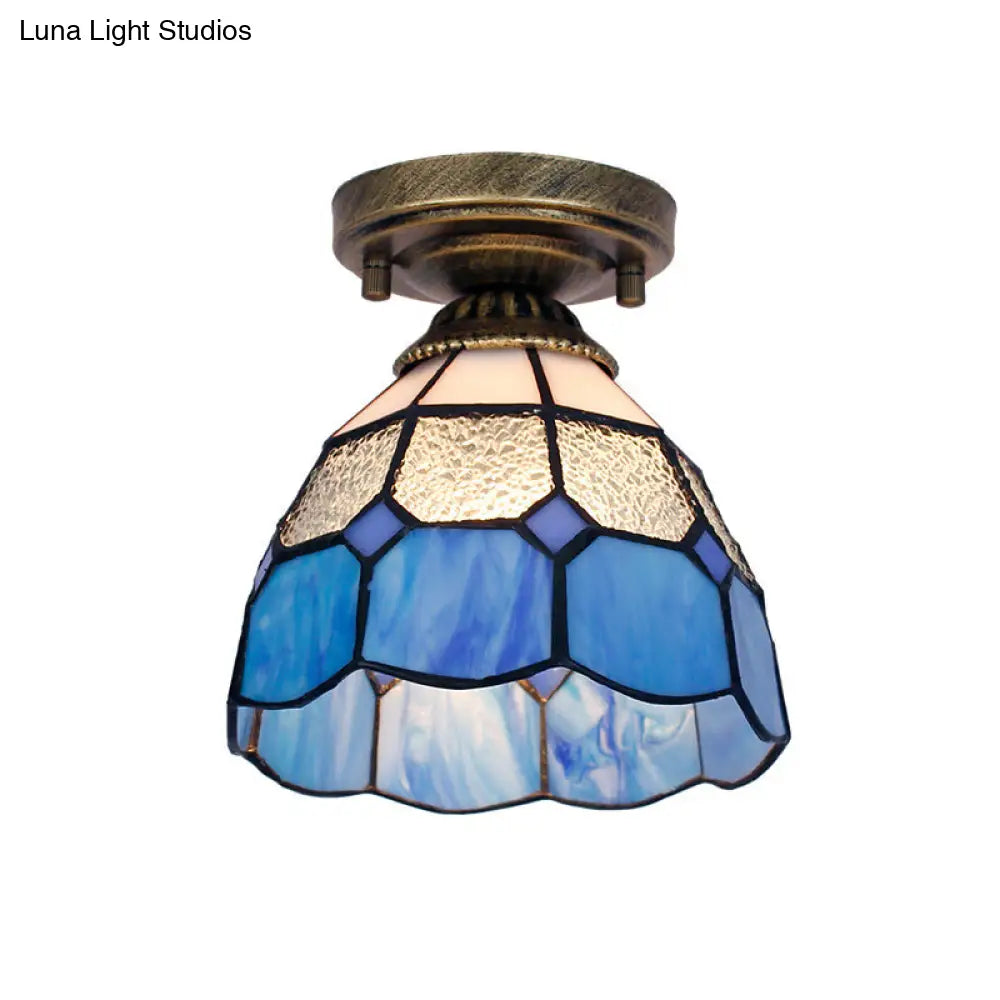 DecorBites™ DecorBites™ Tiffany Bell Shaped Semi Flush Light with Gridded Glass Ceiling Mount & Scalloped Trim