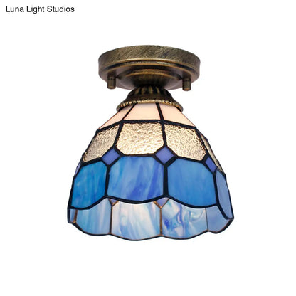 DecorBites™ DecorBites™ Tiffany Bell Shaped Semi Flush Light with Gridded Glass Ceiling Mount & Scalloped Trim