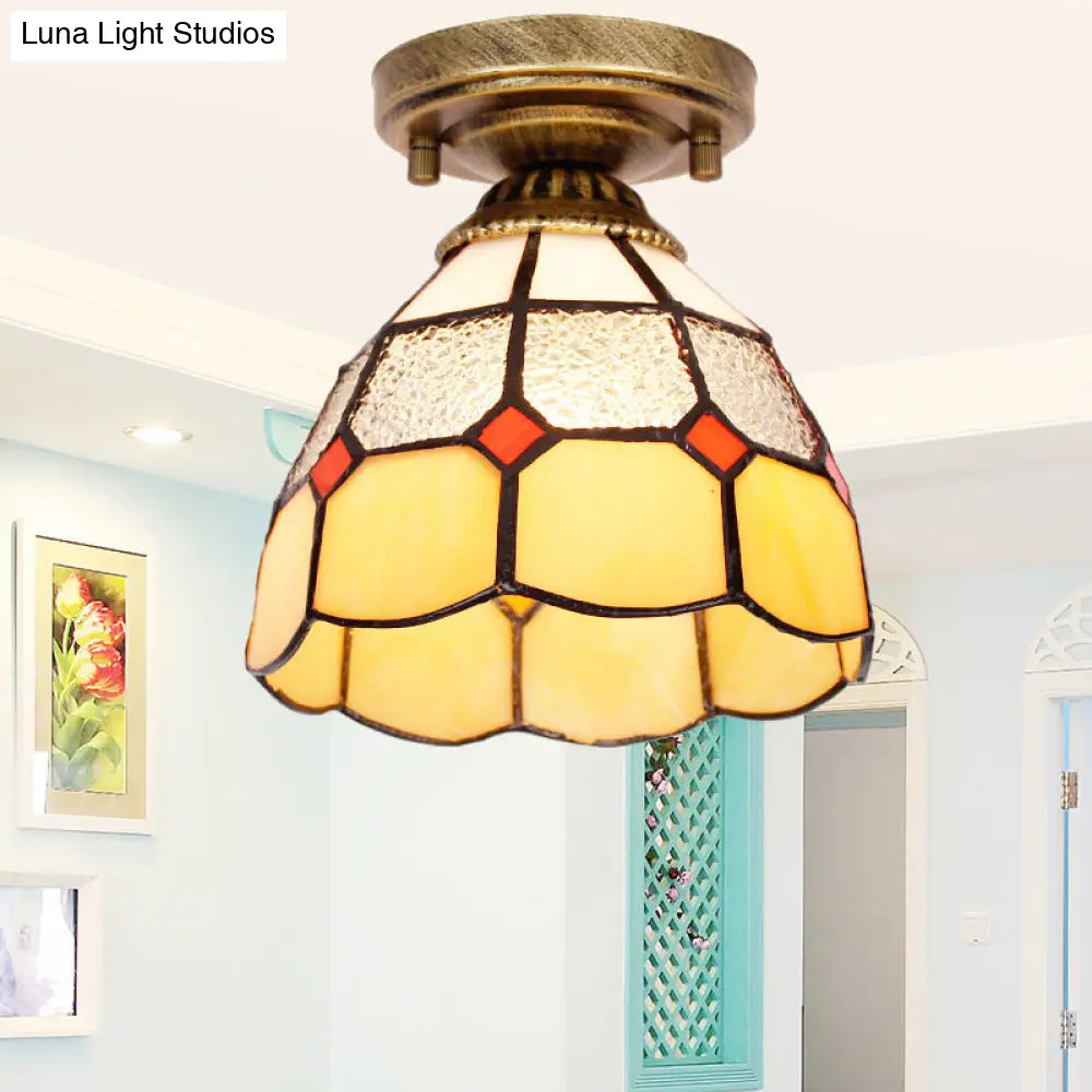 DecorBites™ DecorBites™ Tiffany Bell Shaped Semi Flush Light with Gridded Glass Ceiling Mount & Scalloped Trim