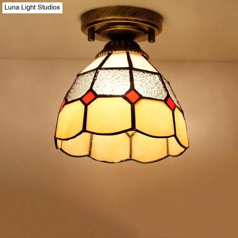 DecorBites™ DecorBites™ Tiffany Bell Shaped Semi Flush Light with Gridded Glass Ceiling Mount & Scalloped Trim