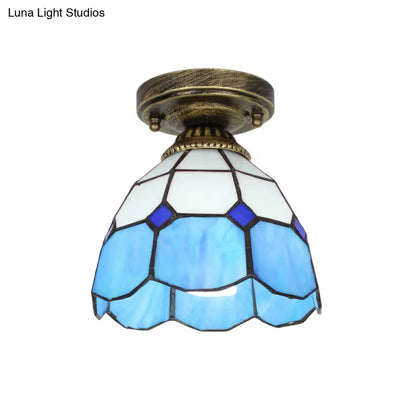 DecorBites™ DecorBites™ Tiffany Bell Shaped Semi Flush Light with Gridded Glass Ceiling Mount & Scalloped Trim