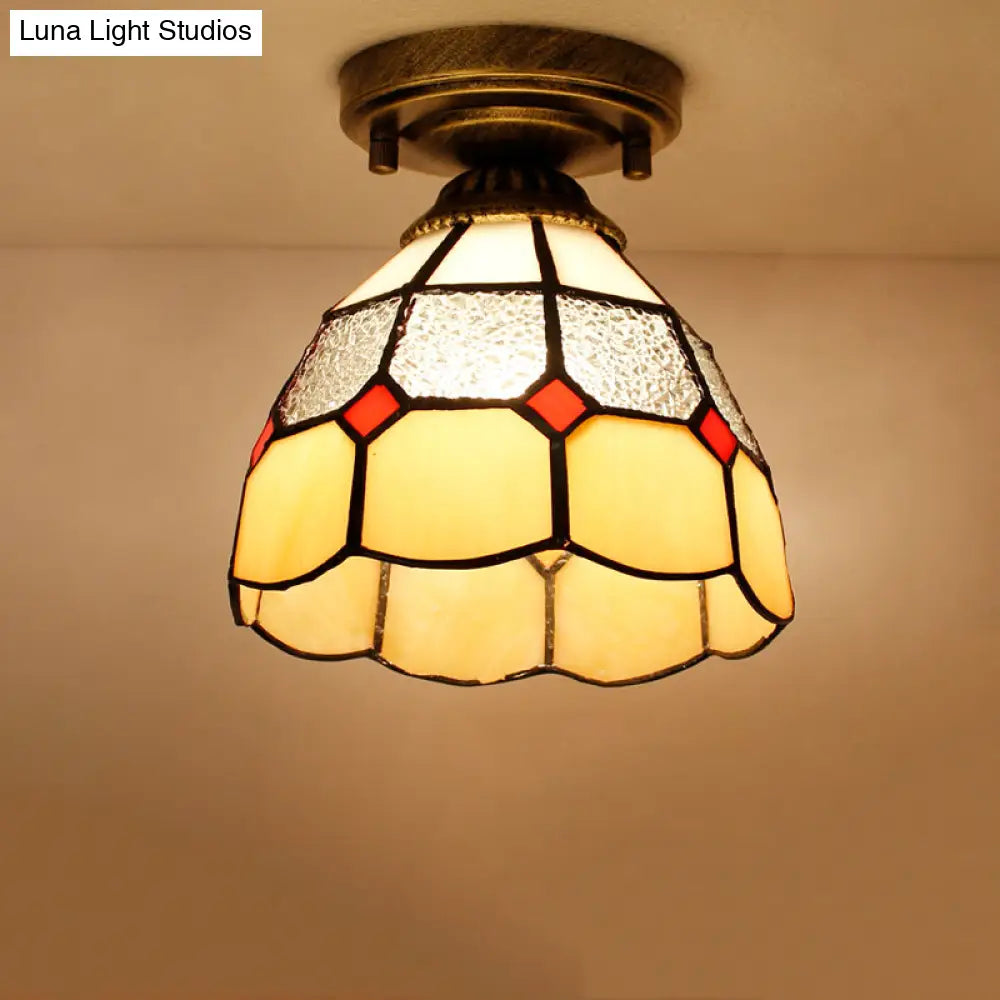 DecorBites™ DecorBites™ Tiffany Bell Shaped Semi Flush Light with Gridded Glass Ceiling Mount & Scalloped Trim