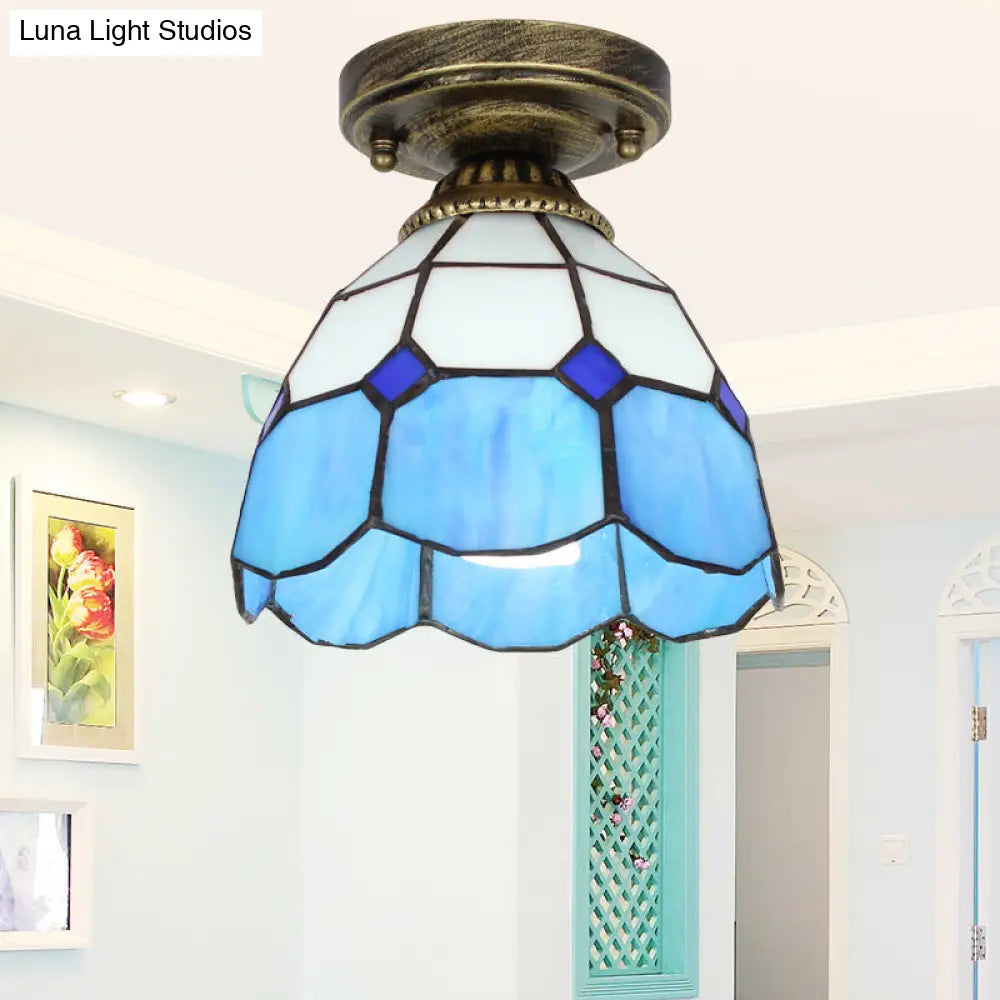 DecorBites™ DecorBites™ Tiffany Bell Shaped Semi Flush Light with Gridded Glass Ceiling Mount & Scalloped Trim