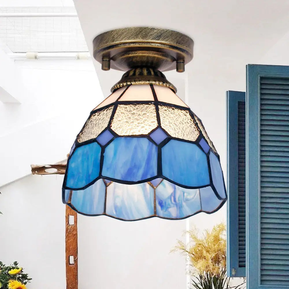 DecorBites™ DecorBites™ Tiffany Bell Shaped Semi Flush Light with Gridded Glass Ceiling Mount & Scalloped Trim