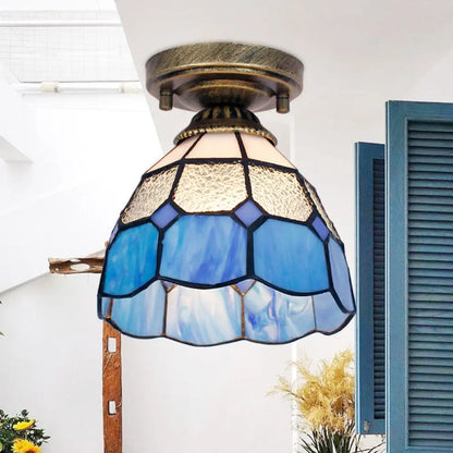DecorBites™ DecorBites™ Tiffany Bell Shaped Semi Flush Light with Gridded Glass Ceiling Mount & Scalloped Trim