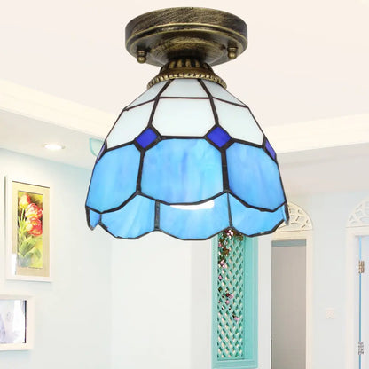DecorBites™ DecorBites™ Tiffany Bell Shaped Semi Flush Light with Gridded Glass Ceiling Mount & Scalloped Trim