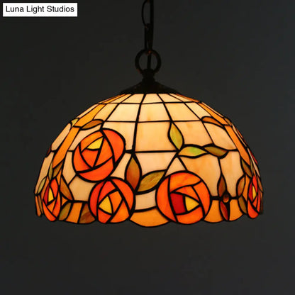 Tiffany Black Floral Patterned Pendant Light Kit with Hand Cut Glass Shade for Dining Room