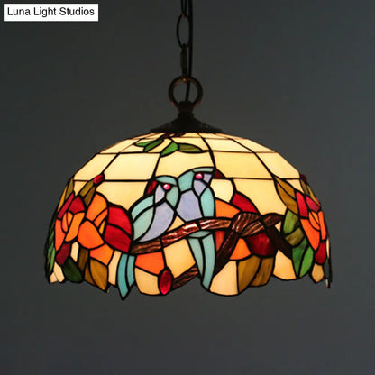 Tiffany Black Floral Patterned Pendant Light Kit with Hand Cut Glass Shade for Dining Room