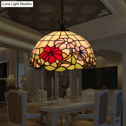 Tiffany Black Floral Patterned Pendant Light Kit with Hand Cut Glass Shade for Dining Room