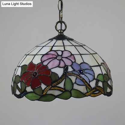 Tiffany Black Floral Patterned Pendant Light Kit with Hand Cut Glass Shade for Dining Room