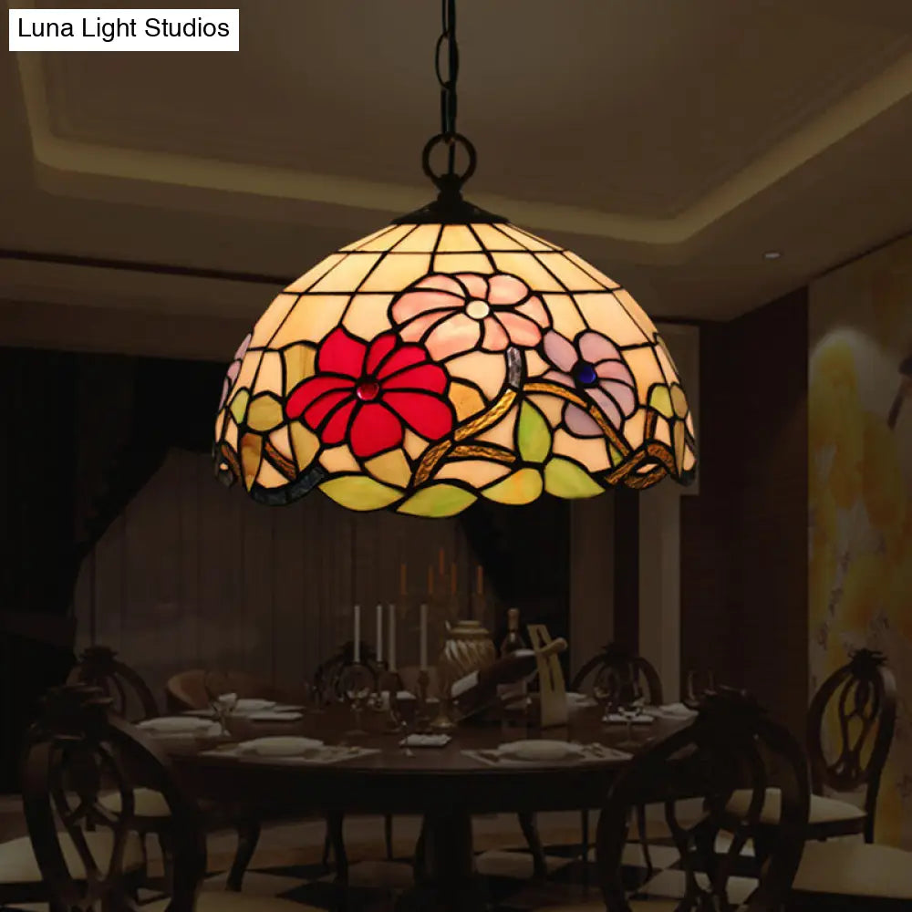 Tiffany Black Floral Patterned Pendant Light Kit with Hand Cut Glass Shade for Dining Room