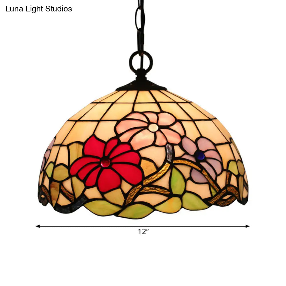 Tiffany Black Floral Patterned Pendant Light Kit with Hand Cut Glass Shade for Dining Room