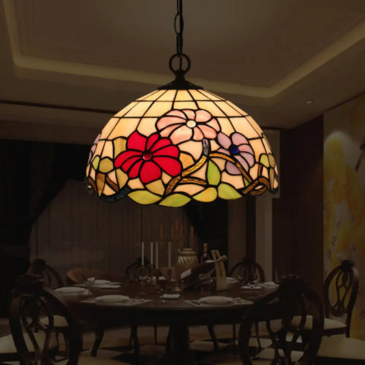 Tiffany Black Floral Patterned Pendant Light Kit with Hand Cut Glass Shade for Dining Room