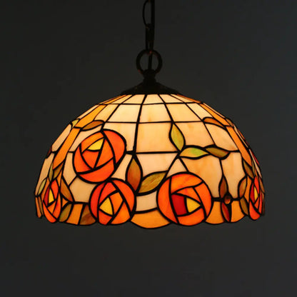 Tiffany Black Floral Patterned Pendant Light Kit with Hand Cut Glass Shade for Dining Room