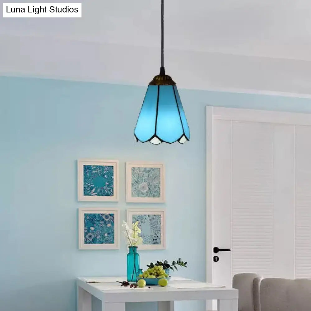 Tiffany Blossom Down Mini Pendant – Blue/White Glass Ceiling Lamp for Living Room