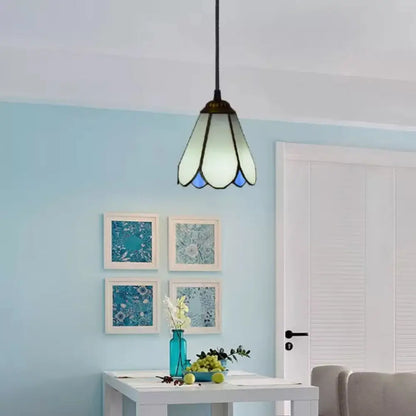 Tiffany Blossom Down Mini Pendant – Blue/White Glass Ceiling Lamp for Living Room