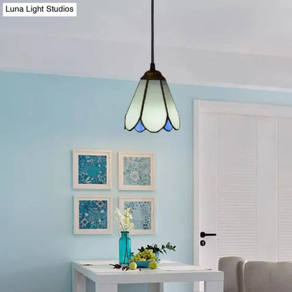 Tiffany Blossom Down Mini Pendant – Blue/White Glass Ceiling Lamp for Living Room