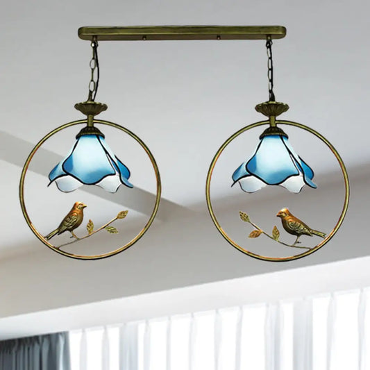 Tiffany Blossom Pendant Lamp with Little Bird Glass Hanging Light in Blue - Perfect for Kitchen Decor