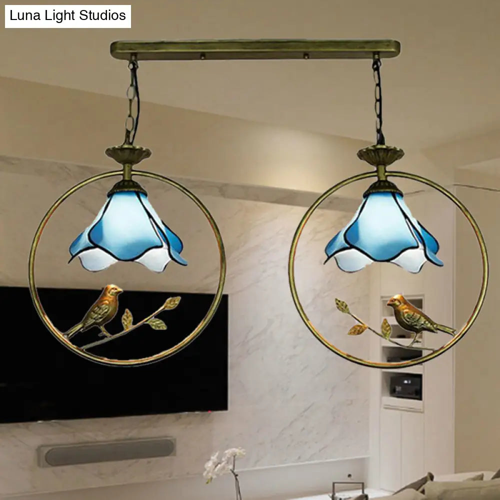 Tiffany Blossom Pendant Lamp with Little Bird Glass Hanging Light in Blue - Perfect for Kitchen Decor