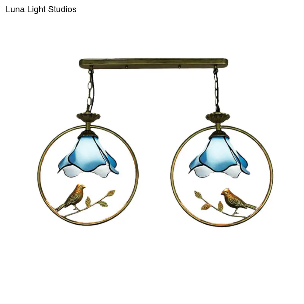 Tiffany Blossom Pendant Lamp with Little Bird Glass Hanging Light in Blue - Perfect for Kitchen Decor