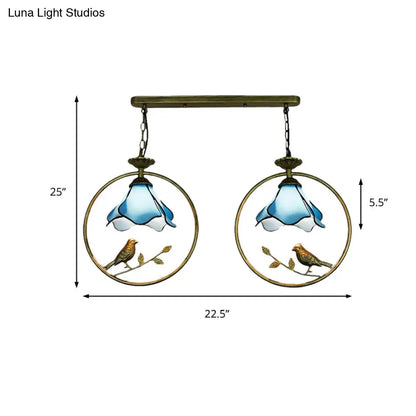 Tiffany Blossom Pendant Lamp with Little Bird Glass Hanging Light in Blue - Perfect for Kitchen Decor