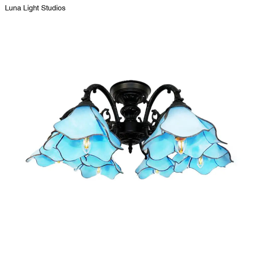 Tiffany Blue Chandelier: 6-Light Bookstore Flower Pendant Light with Creative Art Glass - Perfect for Hotels!