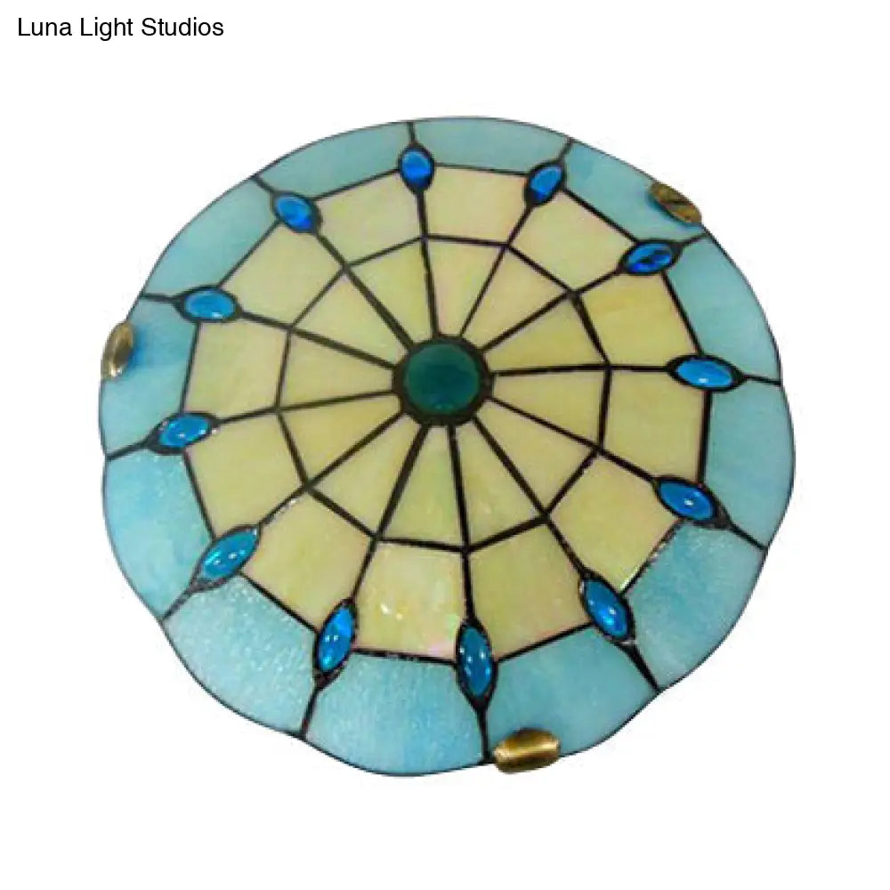 DecorBites™ DecorBites™ Tiffany Blue Dome Shade Flush Mount Ceiling Light with Jewel Decoration - Available in 12"/16"/19.5" Width - Perfect for Bedroom