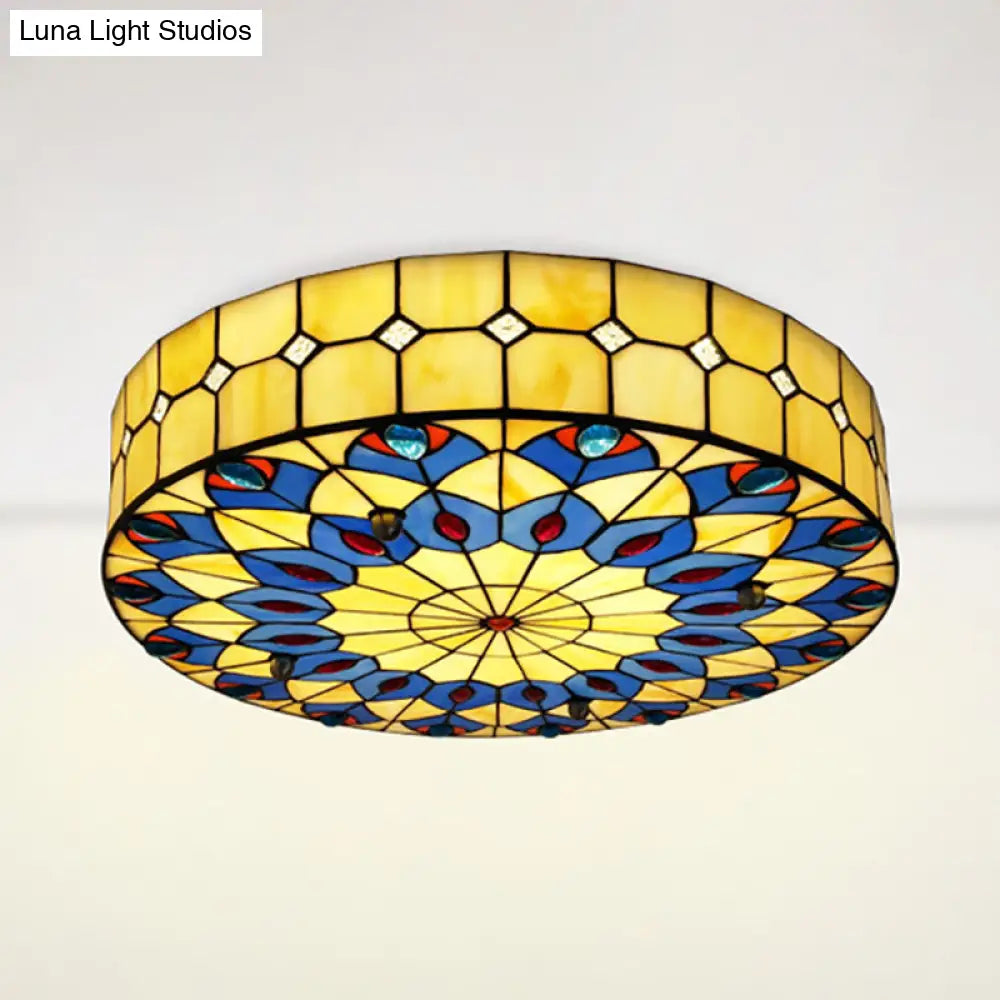 DecorBites™ DecorBites™ Tiffany Blue Peacock Design Flushmount Ceiling Light for Restaurants - 16"/18" Round Shade