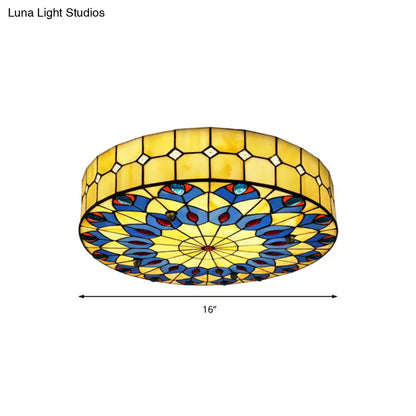 DecorBites™ DecorBites™ Tiffany Blue Peacock Design Flushmount Ceiling Light for Restaurants - 16"/18" Round Shade