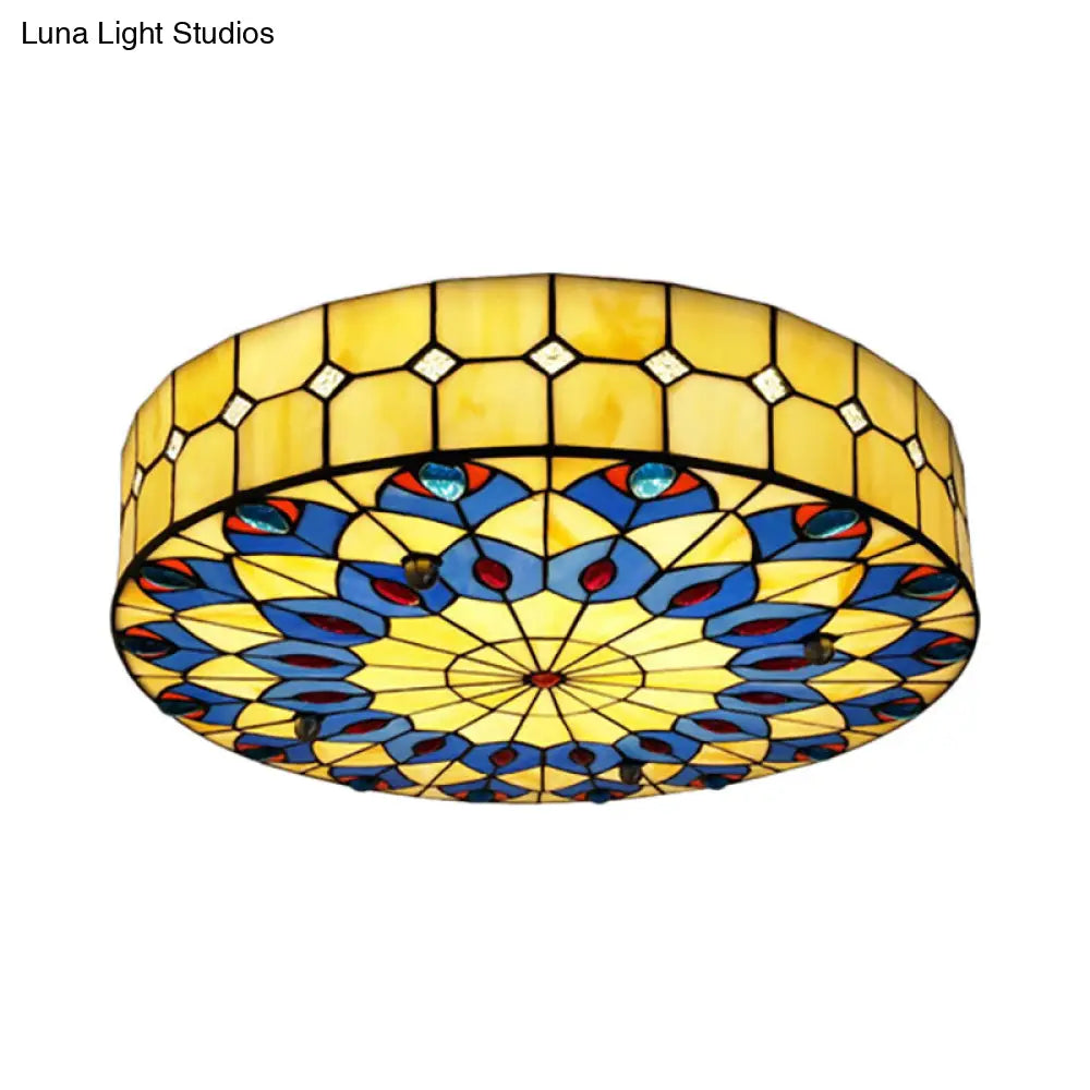 DecorBites™ DecorBites™ Tiffany Blue Peacock Design Flushmount Ceiling Light for Restaurants - 16"/18" Round Shade