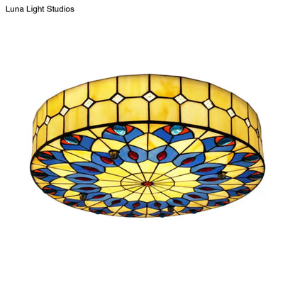 DecorBites™ DecorBites™ Tiffany Blue Peacock Design Flushmount Ceiling Light for Restaurants - 16"/18" Round Shade
