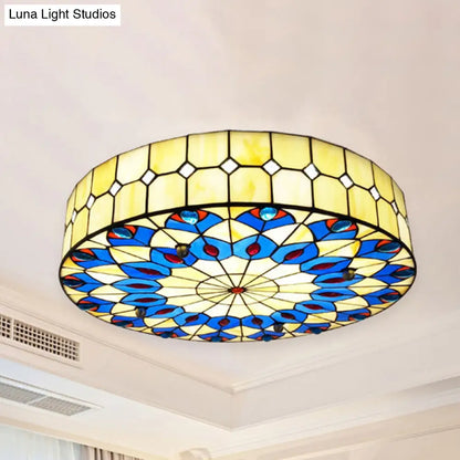 DecorBites™ DecorBites™ Tiffany Blue Peacock Design Flushmount Ceiling Light for Restaurants - 16"/18" Round Shade