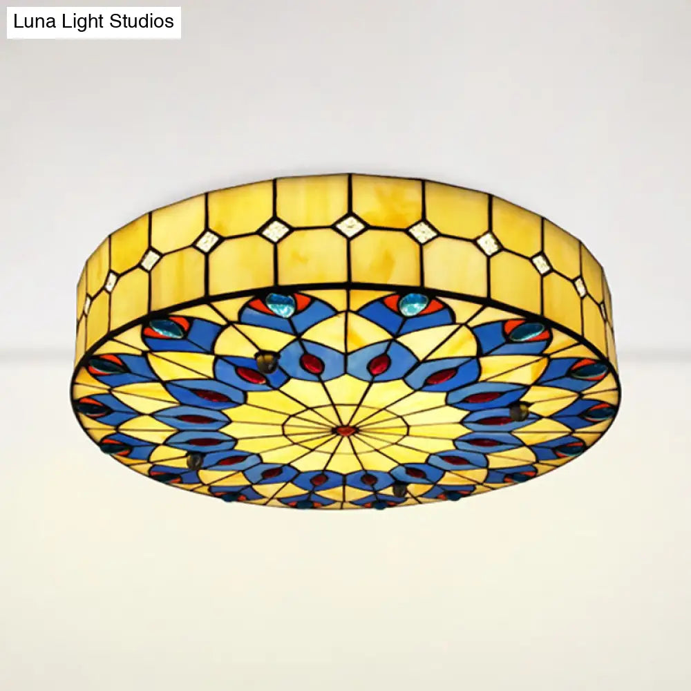 DecorBites™ DecorBites™ Tiffany Blue Peacock Design Flushmount Ceiling Light for Restaurants - 16"/18" Round Shade