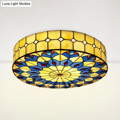 DecorBites™ DecorBites™ Tiffany Blue Peacock Design Flushmount Ceiling Light for Restaurants - 16"/18" Round Shade