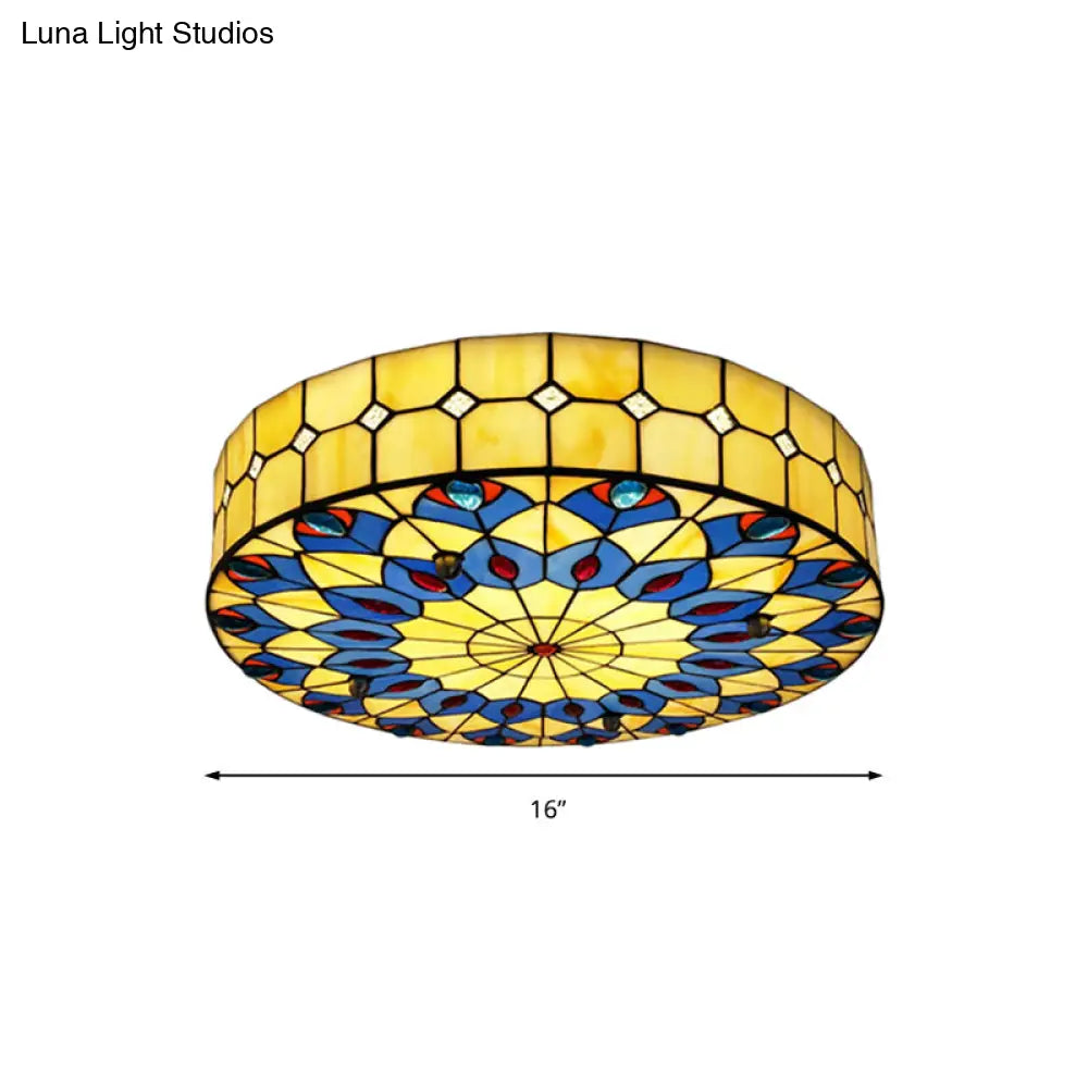 DecorBites™ DecorBites™ Tiffany Blue Peacock Design Flushmount Ceiling Light for Restaurants - 16"/18" Round Shade