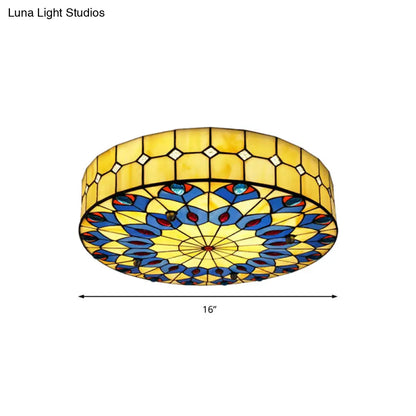 DecorBites™ DecorBites™ Tiffany Blue Peacock Design Flushmount Ceiling Light for Restaurants - 16"/18" Round Shade