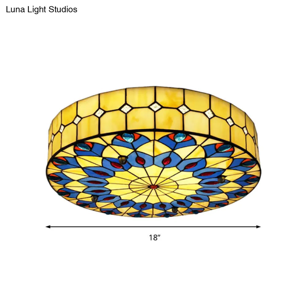 DecorBites™ DecorBites™ Tiffany Blue Peacock Design Flushmount Ceiling Light for Restaurants - 16"/18" Round Shade