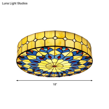 DecorBites™ DecorBites™ Tiffany Blue Peacock Design Flushmount Ceiling Light for Restaurants - 16"/18" Round Shade
