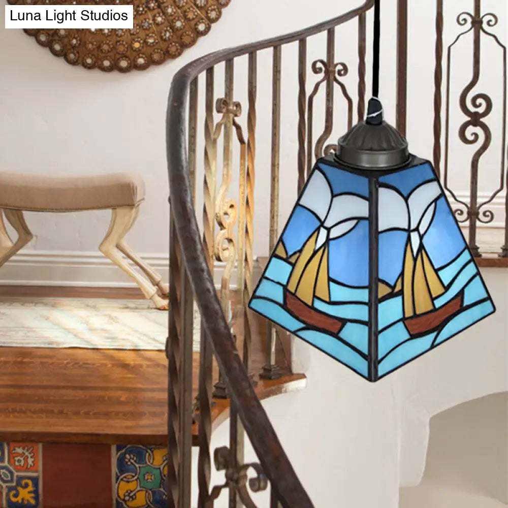 Tiffany Blue Pendant Light with Stained Glass Shade - Elegant Dining Room Ceiling Lighting