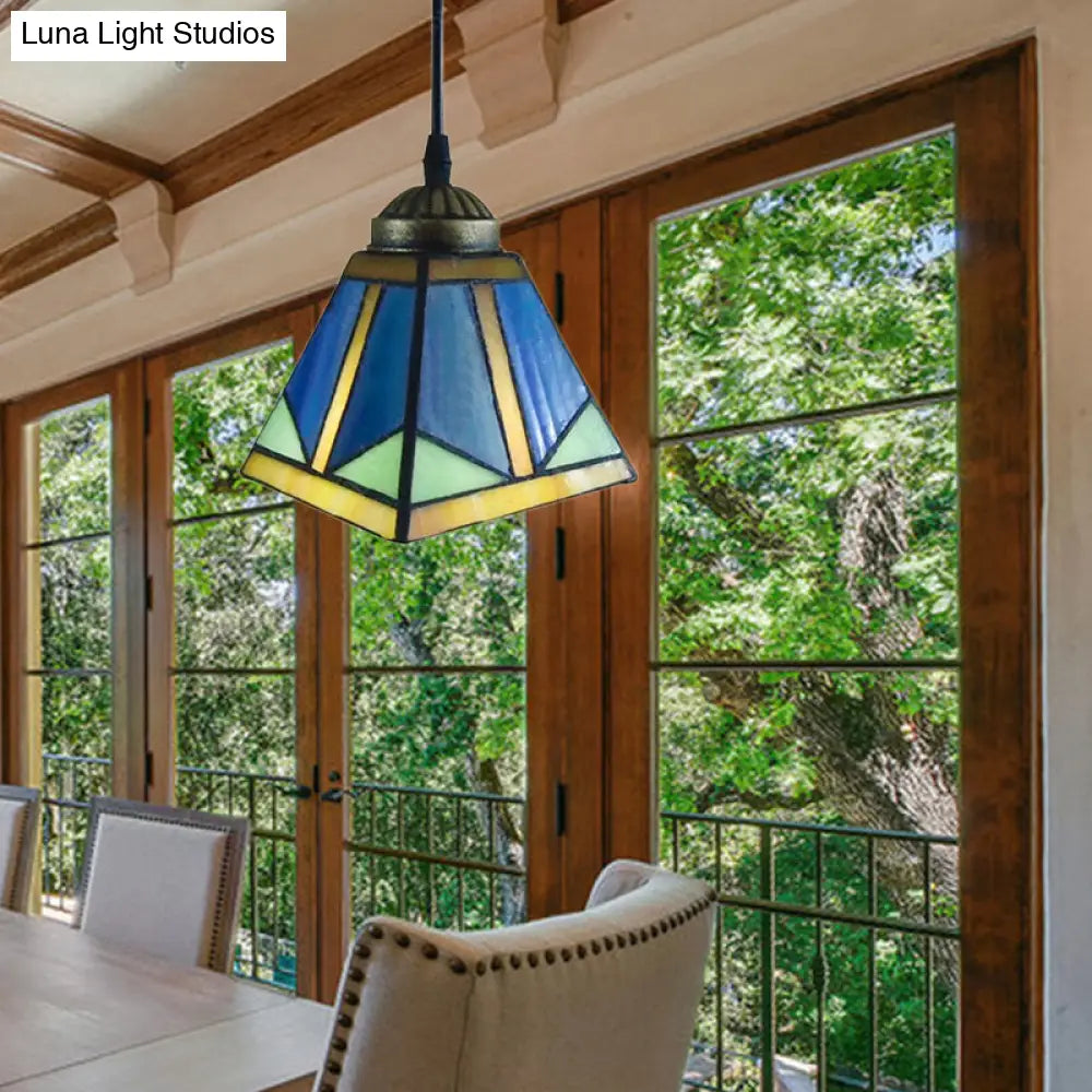 Tiffany Blue Pendant Light with Stained Glass Shade - Elegant Dining Room Ceiling Lighting