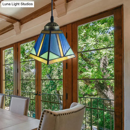 Tiffany Blue Pendant Light with Stained Glass Shade - Elegant Dining Room Ceiling Lighting