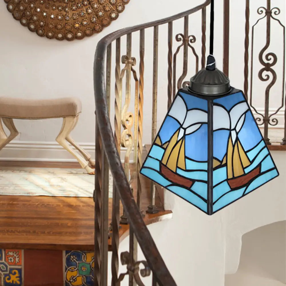 Tiffany Blue Pendant Light with Stained Glass Shade - Elegant Dining Room Ceiling Lighting